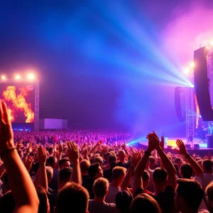 Crowd enjoying a concert with vibrant stage lights