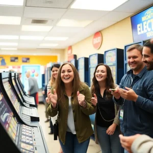 Celebration of a lottery winner at a Michigan store.