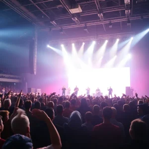 Maroon 5 performing live on stage with fans cheering in the background.