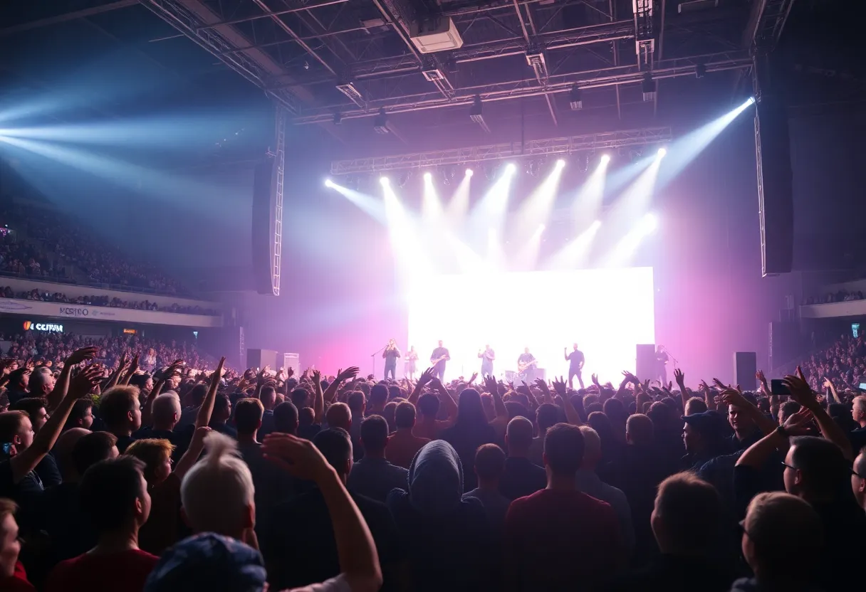 Maroon 5 performing live on stage with fans cheering in the background.