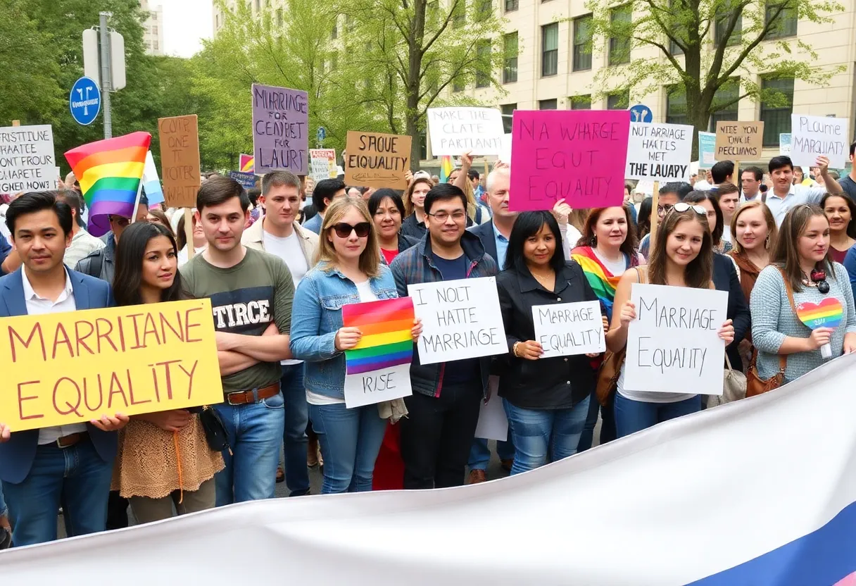 Diverse group rallying for marriage equality with banners.