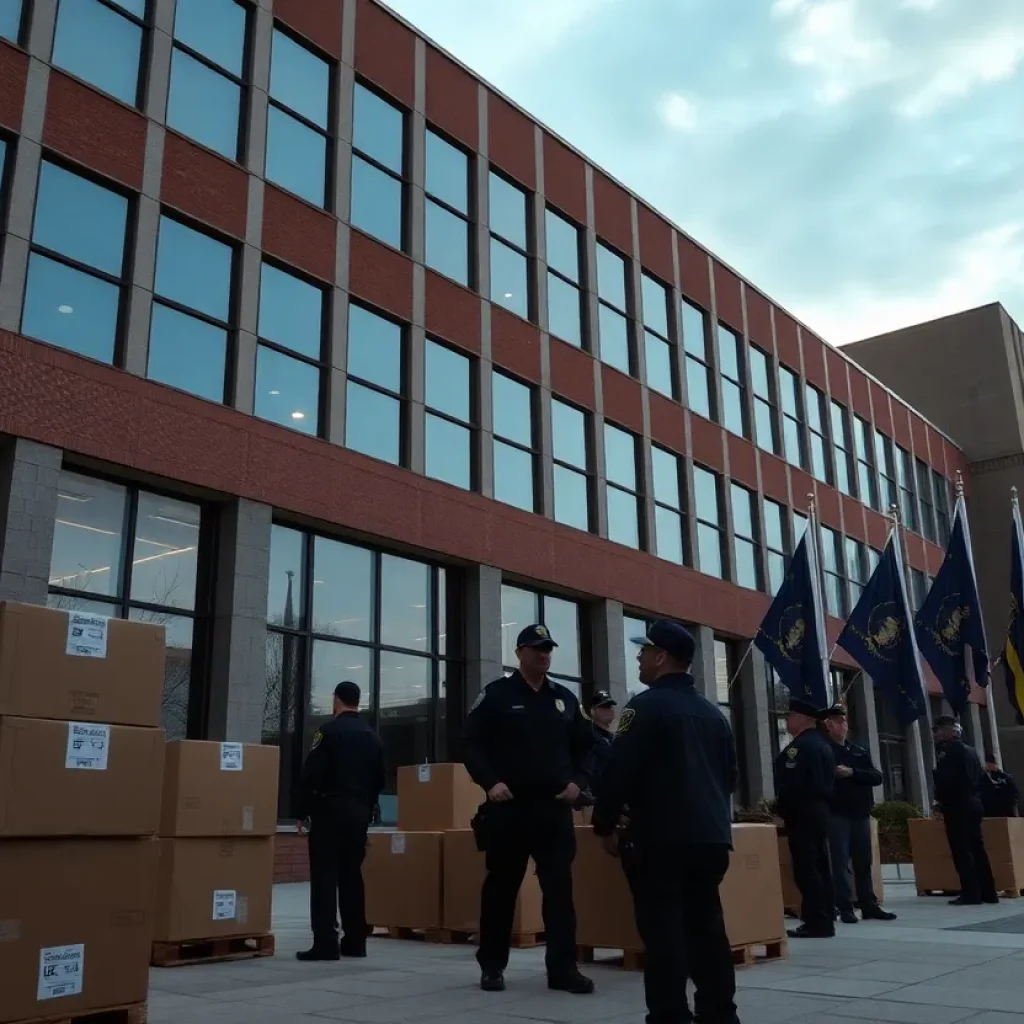 Corporate office building with police involvement during an investigation.
