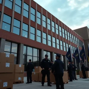 Corporate office building with police involvement during an investigation.