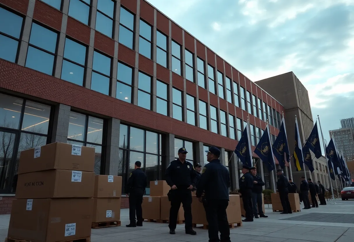 Corporate office building with police involvement during an investigation.