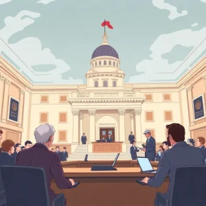 Illustration of legislators discussing security at Michigan Capitol