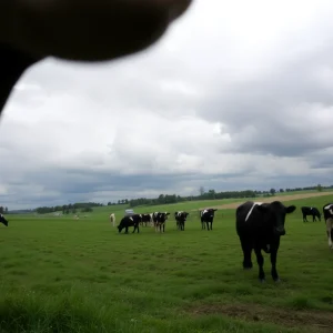 Dairy farm in Michigan with cows under a cloudy sky, symbolizing health risks from avian influenza.