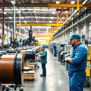 A modern manufacturing facility in Michigan with workers and machinery.