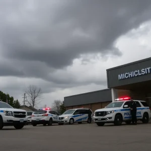 Michigan State Police vehicles outside a police station under cloudy skies.