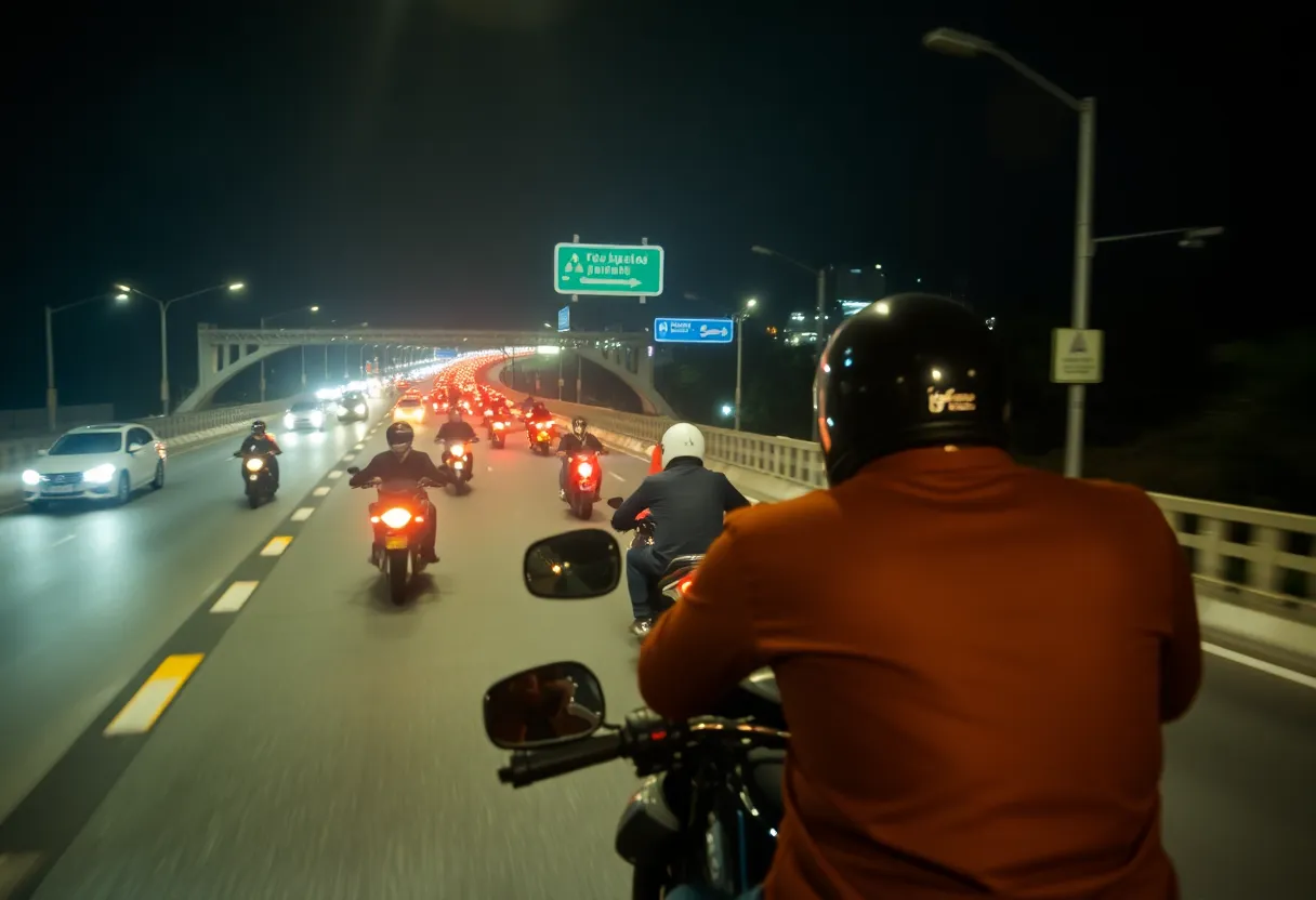 Scene of a motorcycle accident on a Detroit highway at night