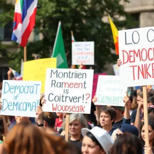 Gathering of protesters at No Kings Day event, holding banners and signs advocating for democracy.