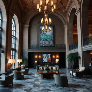 Interior design of NoMad Detroit hotel lobby with historic elements