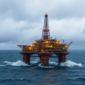 Oil rig in turbulent waters representing oil price surge