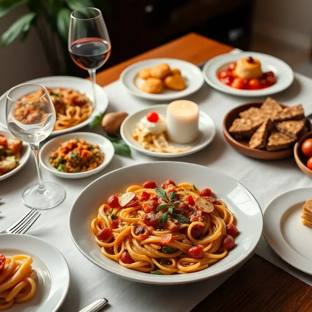 Table set with Italian dishes and fresh pasta in a cozy dining room