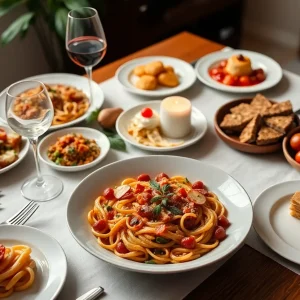 Table set with Italian dishes and fresh pasta in a cozy dining room