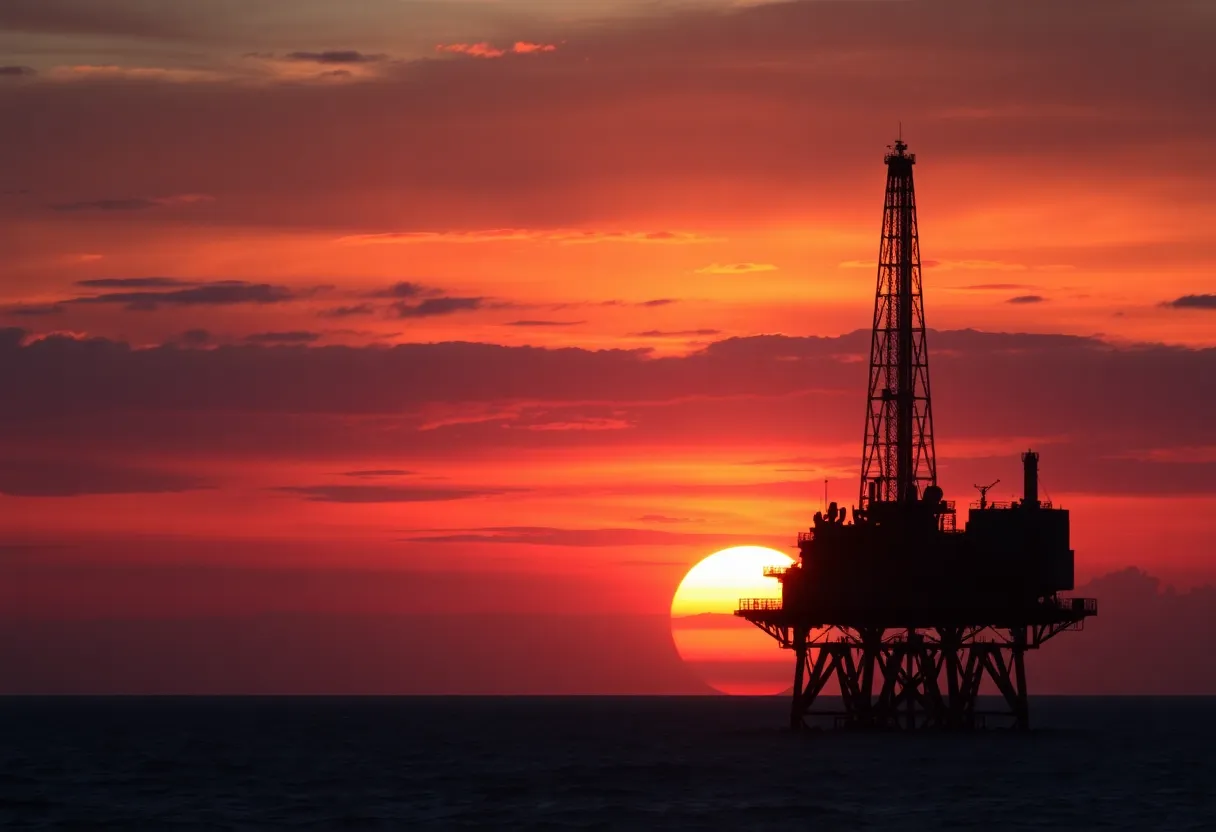 An oil rig at sunset symbolizing OPEC+ oil production.