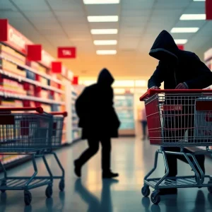 Illustration depicting organized retail crime at a shopping location