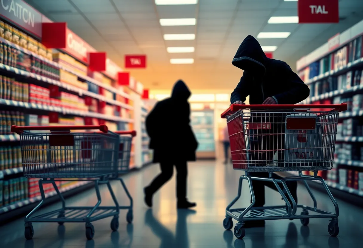 Illustration depicting organized retail crime at a shopping location