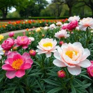 Peony plants in a garden showing signs of vandalism at University of Michigan.