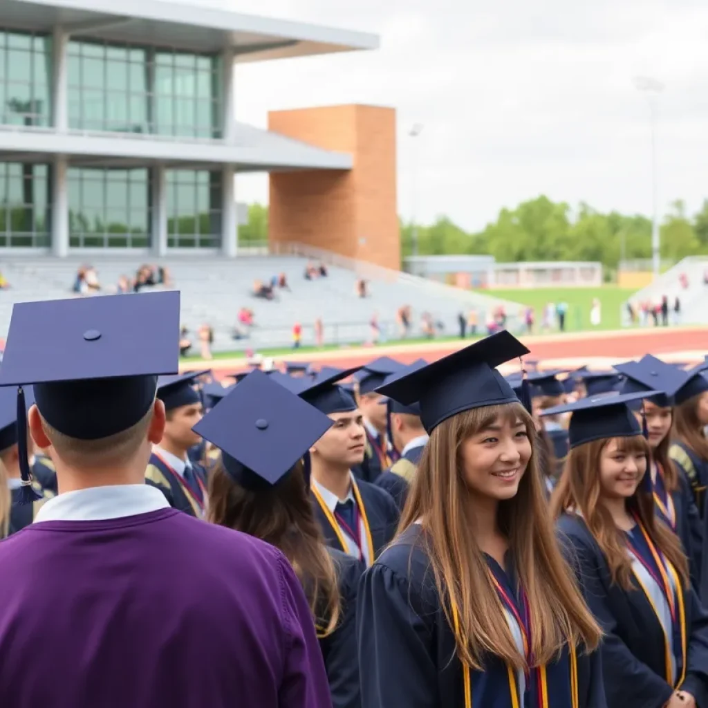 Graduation ceremony in Pontiac with police presence and happy graduates.