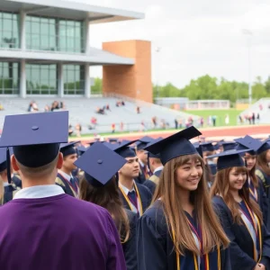 Graduation ceremony in Pontiac with police presence and happy graduates.