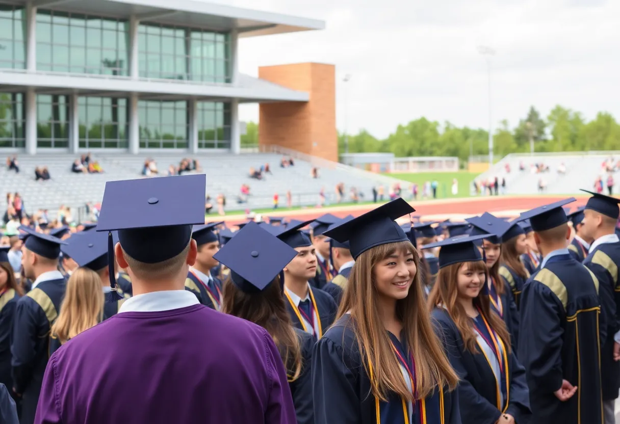 Graduation ceremony in Pontiac with police presence and happy graduates.