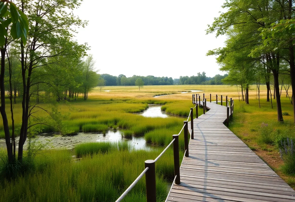 Rendering of the new Rogell Golf Course nature park with walking trails and natural elements.