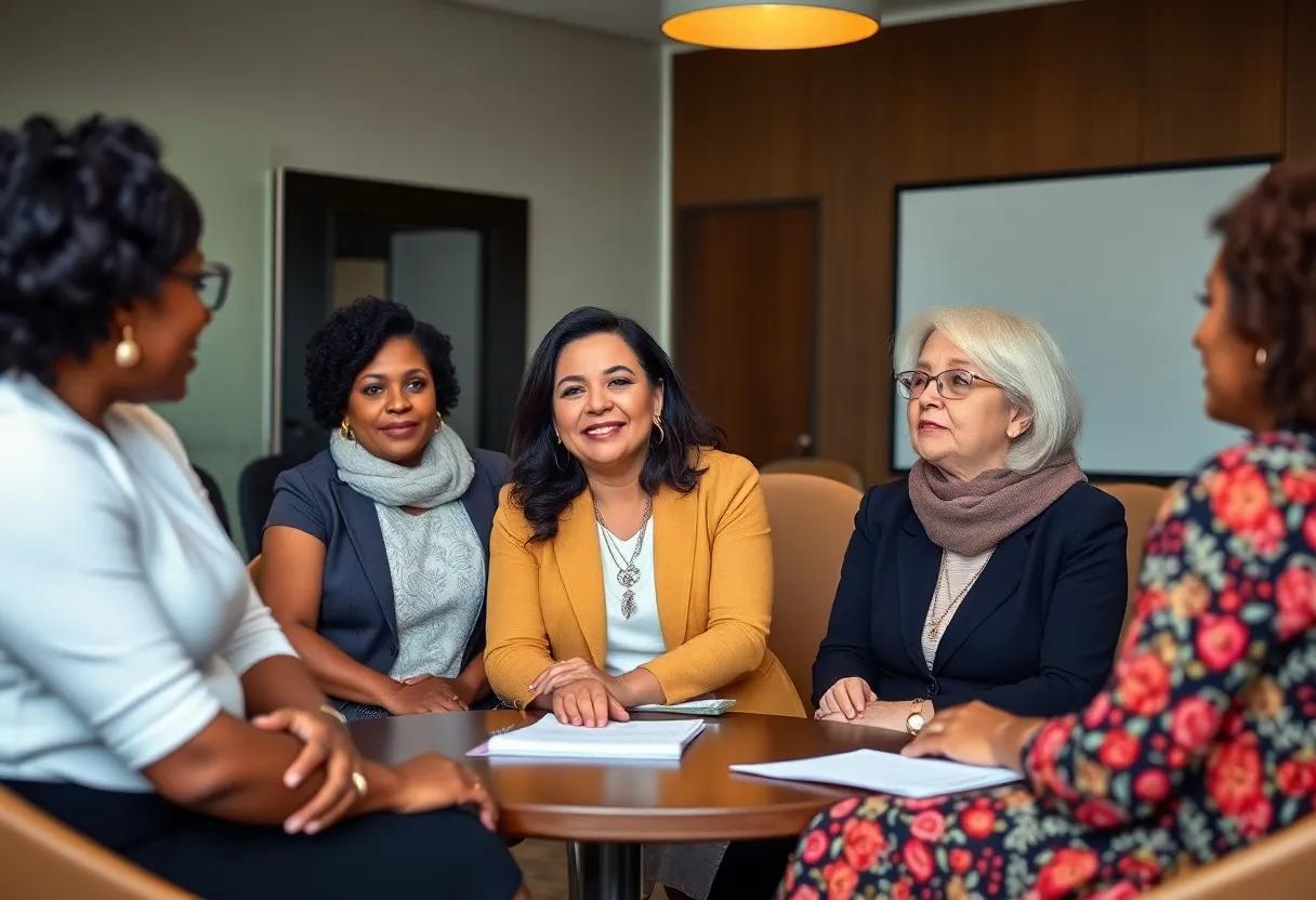 Women discussing philanthropy and community initiatives.