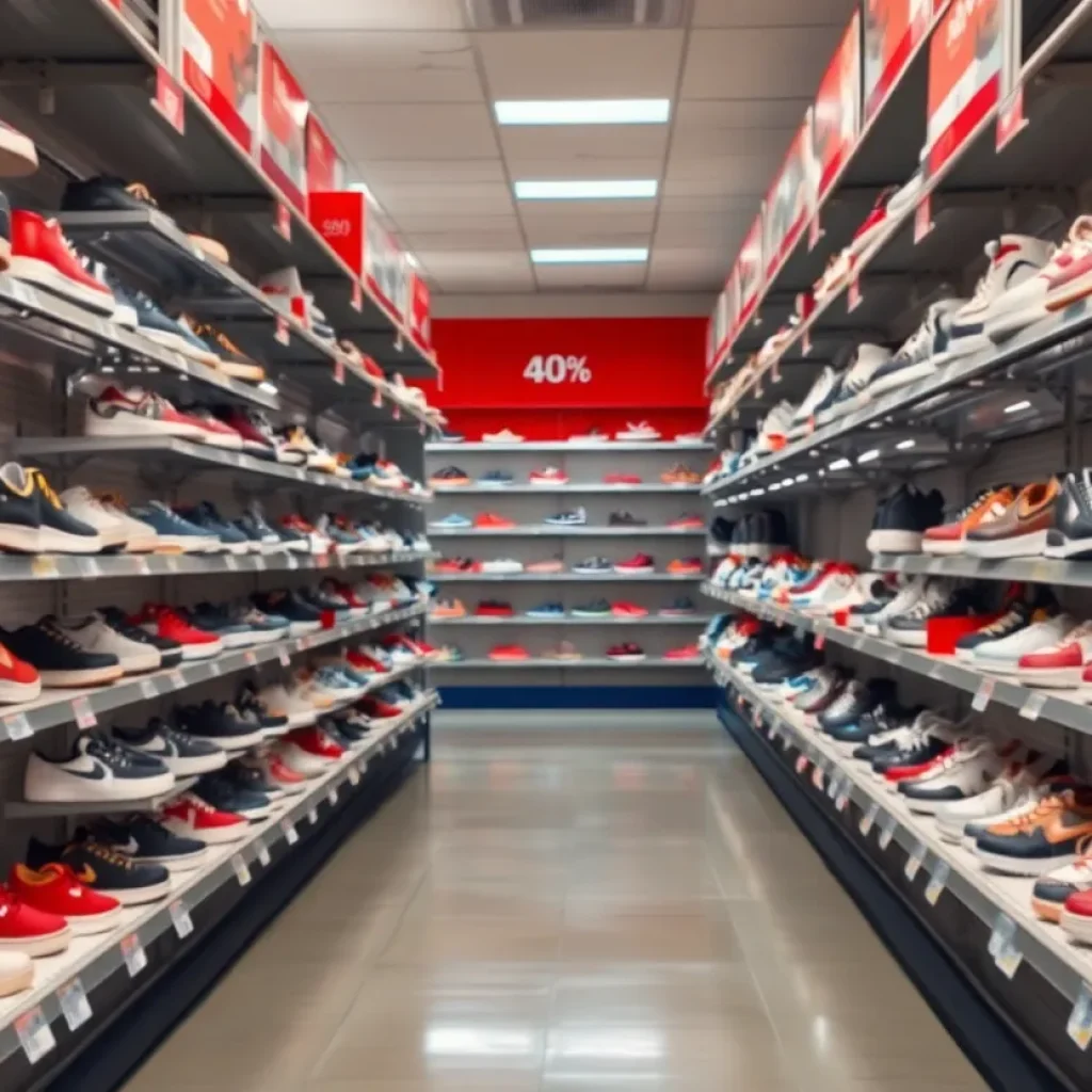 Shoe aisle in a retail store with no people present, symbolizing confusion and unhygienic conditions.