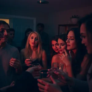 A somber scene at a house party, reflecting on safety issues.