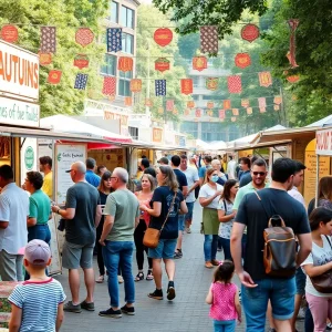 A colorful food festival at Eastern Market with diverse plant-based cuisine.