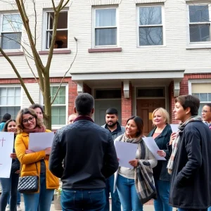 Obituaries Community members discussing tenant rights in front of a housing building.