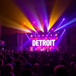 Concert scene with stage lights and crowd at a music festival