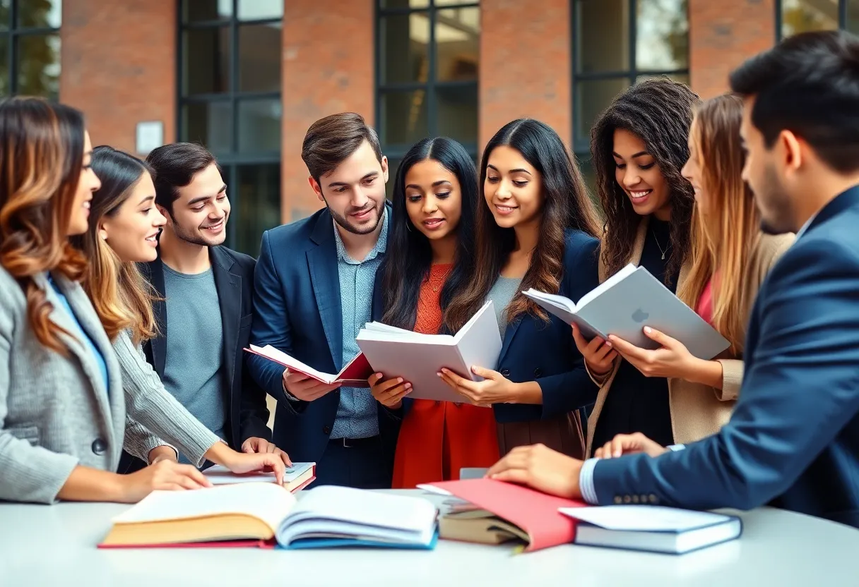 Group of diverse law students engaging in discussion on a university campus