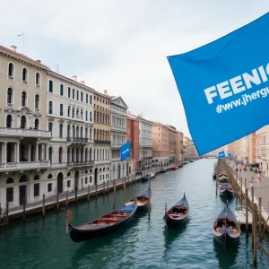 Sponsored Articles Canals of Venice with protest banners in the background.