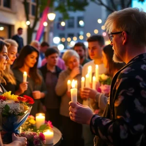 Community gathering with candles for memorial of transgender performer.