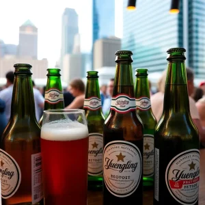 Yuengling beer bottles displayed in a Detroit bar setting