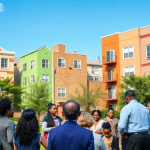 Community members discussing housing and political engagement in an urban setting.