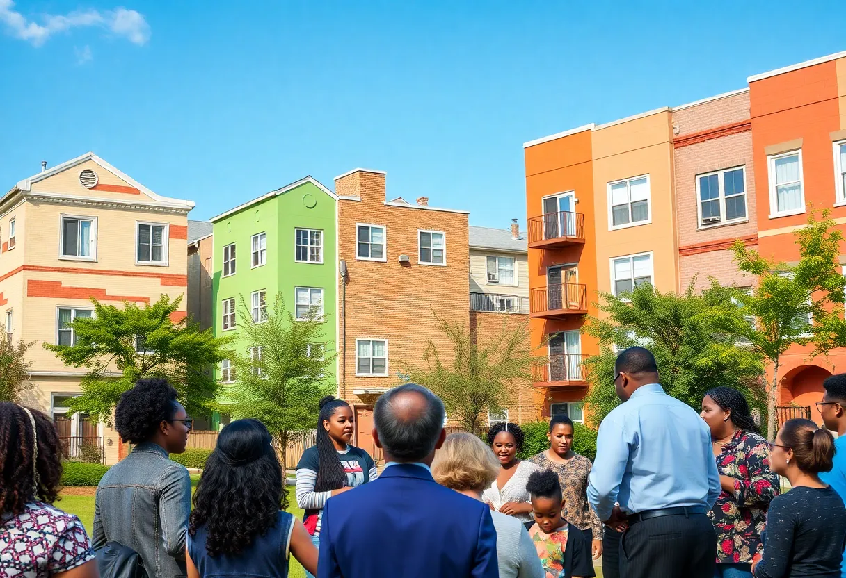 Community members discussing housing and political engagement in an urban setting.