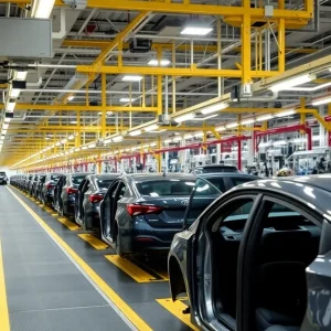 Empty automotive manufacturing assembly lines during seasonal shutdown in Michigan.