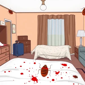 Illustration of a bed bug infestation in a residential environment