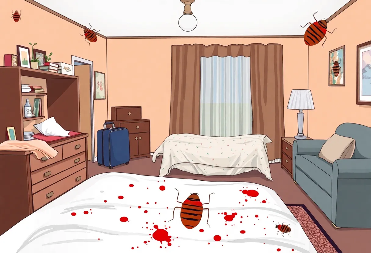 Illustration of a bed bug infestation in a residential environment