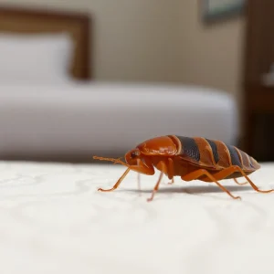 A close-up image of a bed bug on a mattress, highlighting its reddish-brown color.