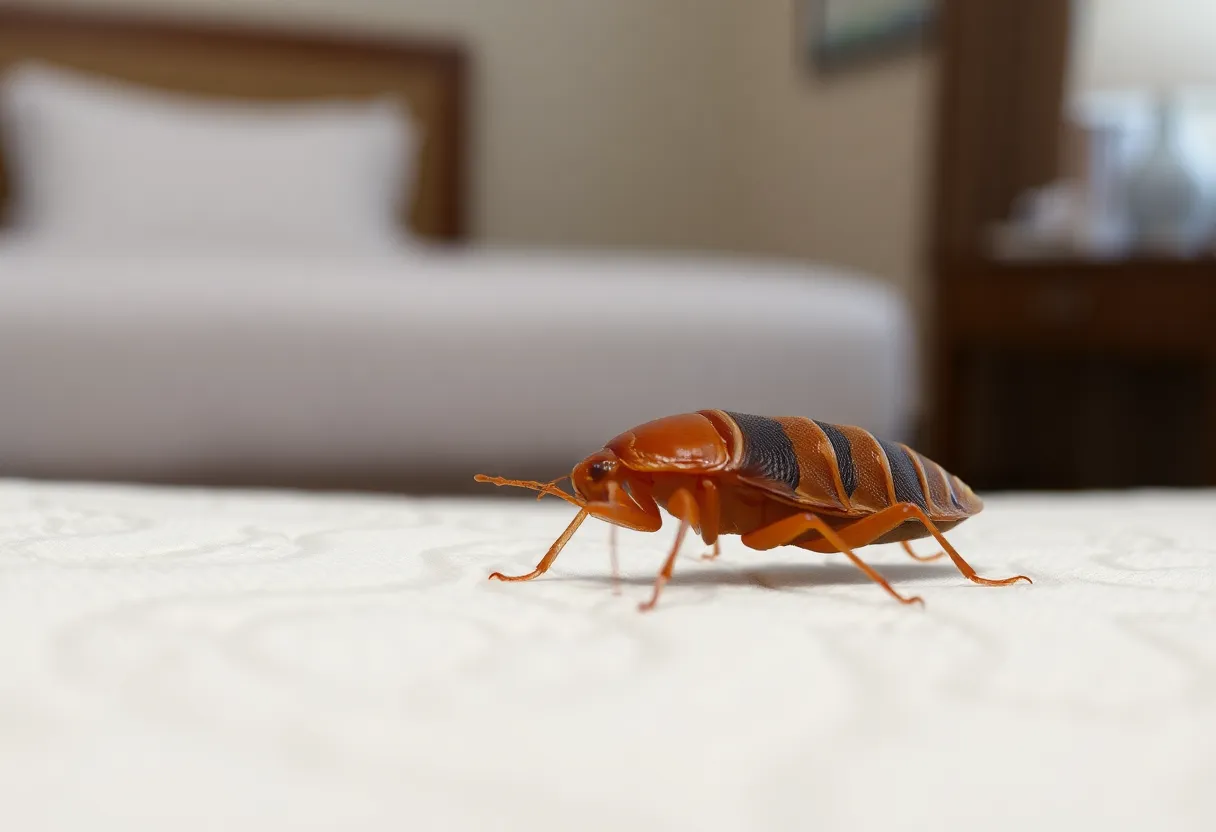 A close-up image of a bed bug on a mattress, highlighting its reddish-brown color.