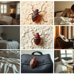 Collage of bed bugs and travelers inspecting luggage