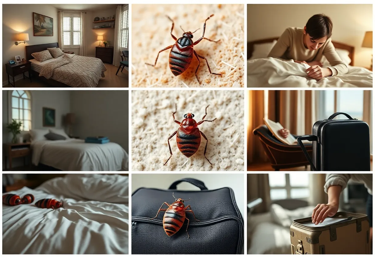 Collage of bed bugs and travelers inspecting luggage