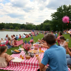 Families celebrating Independence Day at Belle Isle Park with picnics and beachgoers