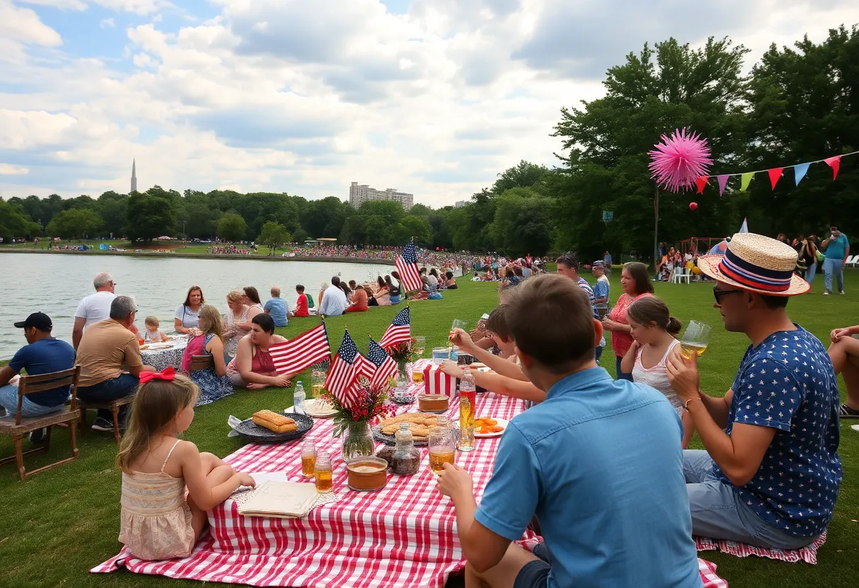 Families celebrating Independence Day at Belle Isle Park with picnics and beachgoers