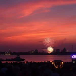 View of Belle Isle with fireworks lighting up the sky