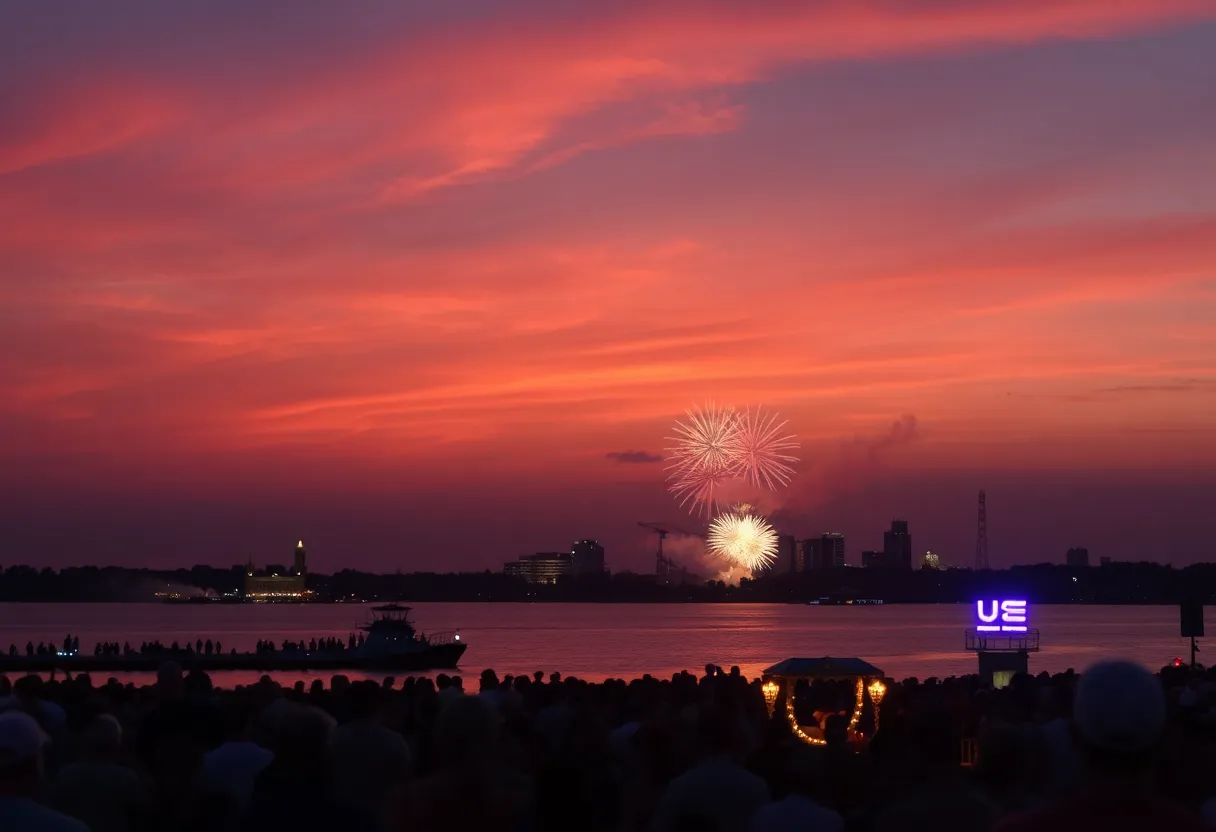 View of Belle Isle with fireworks lighting up the sky