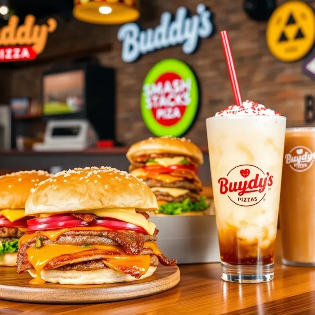 A selection of new menu items from Buddy's Pizza including smash burgers and Smash Stacks Pizza.